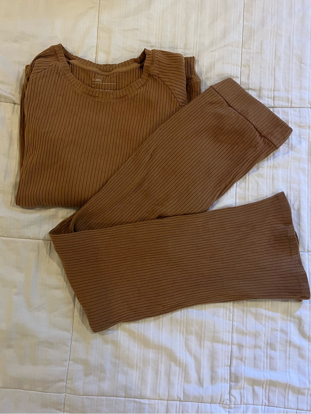 Storq Ribbed Knit Brown Crewneck Sweater & Pants Lounge Set Autumn Cotton